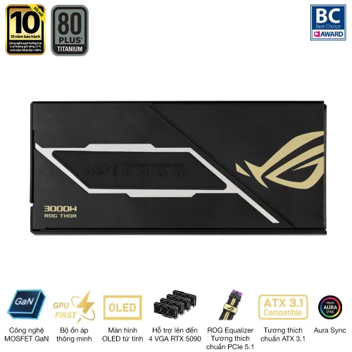 Nguồn máy tính Asus Rog Thor 3000W Titanium III Edition 20 (ATX 3.1/ PCIe 5.1/ 80Plus Titanium/ Full Modular) - ROG-THOR-3000T3-GAMING-EDITION-20
